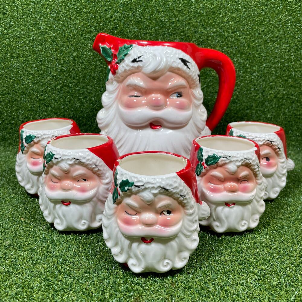 Vintage Japan Winking Santa Pitcher 5 Mug Set MCM Christmas Ceramic 6pc